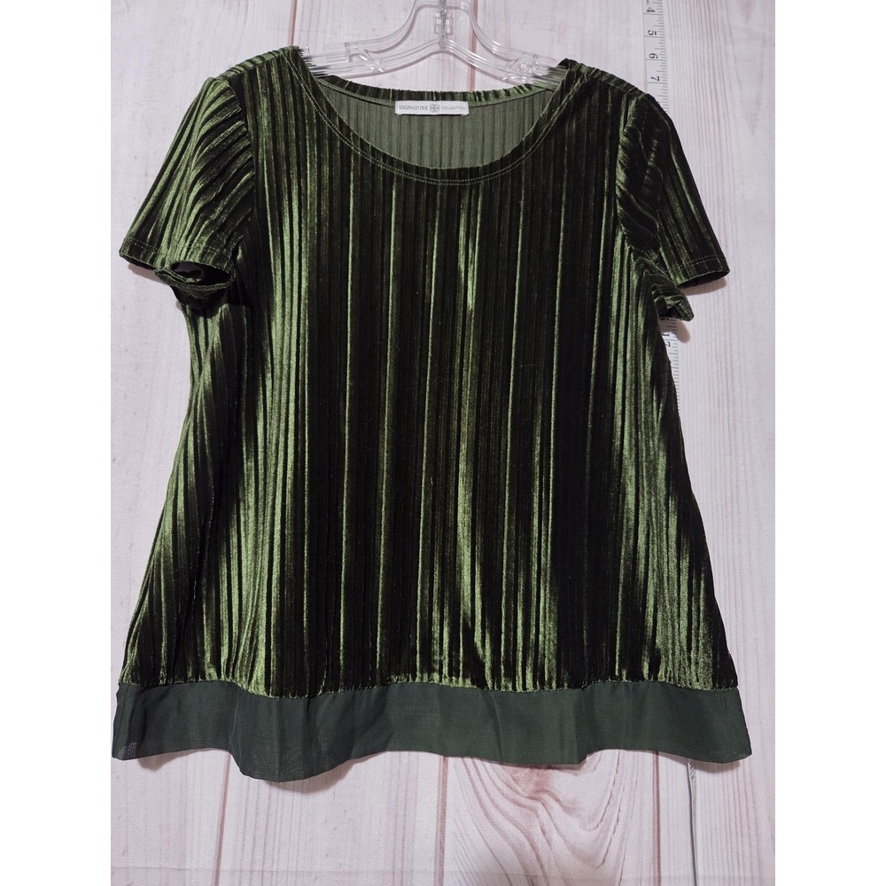 Signature Collection Women Green Pleated Velvet Chiffon Trim Short Sleeve‎ Top S